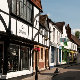 View of black and white timber buildings in Church Street, Godalming