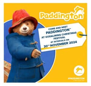 Come and Meet Paddington Bear on Saturday 30 November at 29 Church Street Godalming from 11am on the hour for a forty minute slot except the last slot from 3pm to 3.30pm